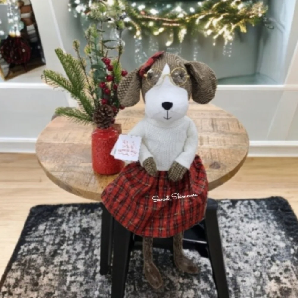 Holiday Beagle Dog In Plaid Dress Shelf Sitter Decor NEW